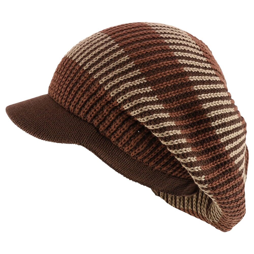 8688 Striped Dreadlock Deep Shell Knitted Cotton Beanie Visor Cap - Brown